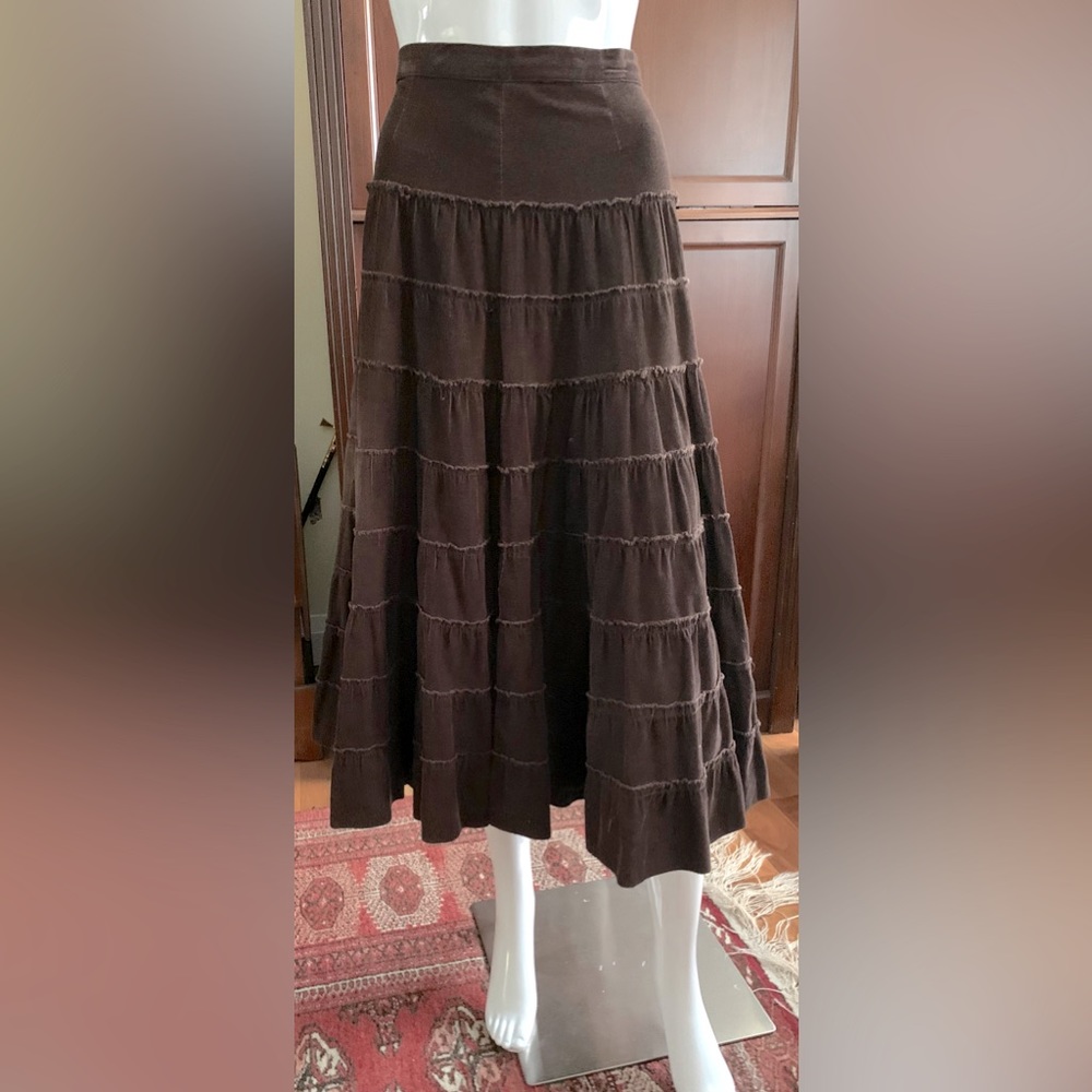 Chocolate brown color real cordroy midi skirt with multiple tiered ruffles US M